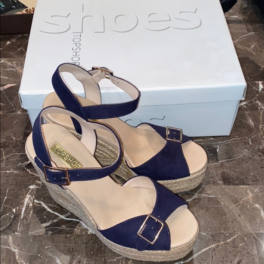 Topshop Wedge Heel Sandals Tan/Navy Blue US 6.5